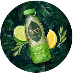 Plant + Water bottle of Lime and Lemon flavour fruity-infused water on a background of leaves