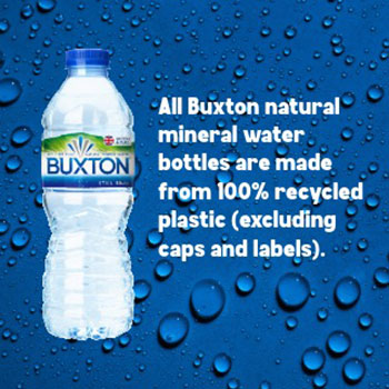 Buxton water bottle with text about recycled plastic against a blue droplet background.